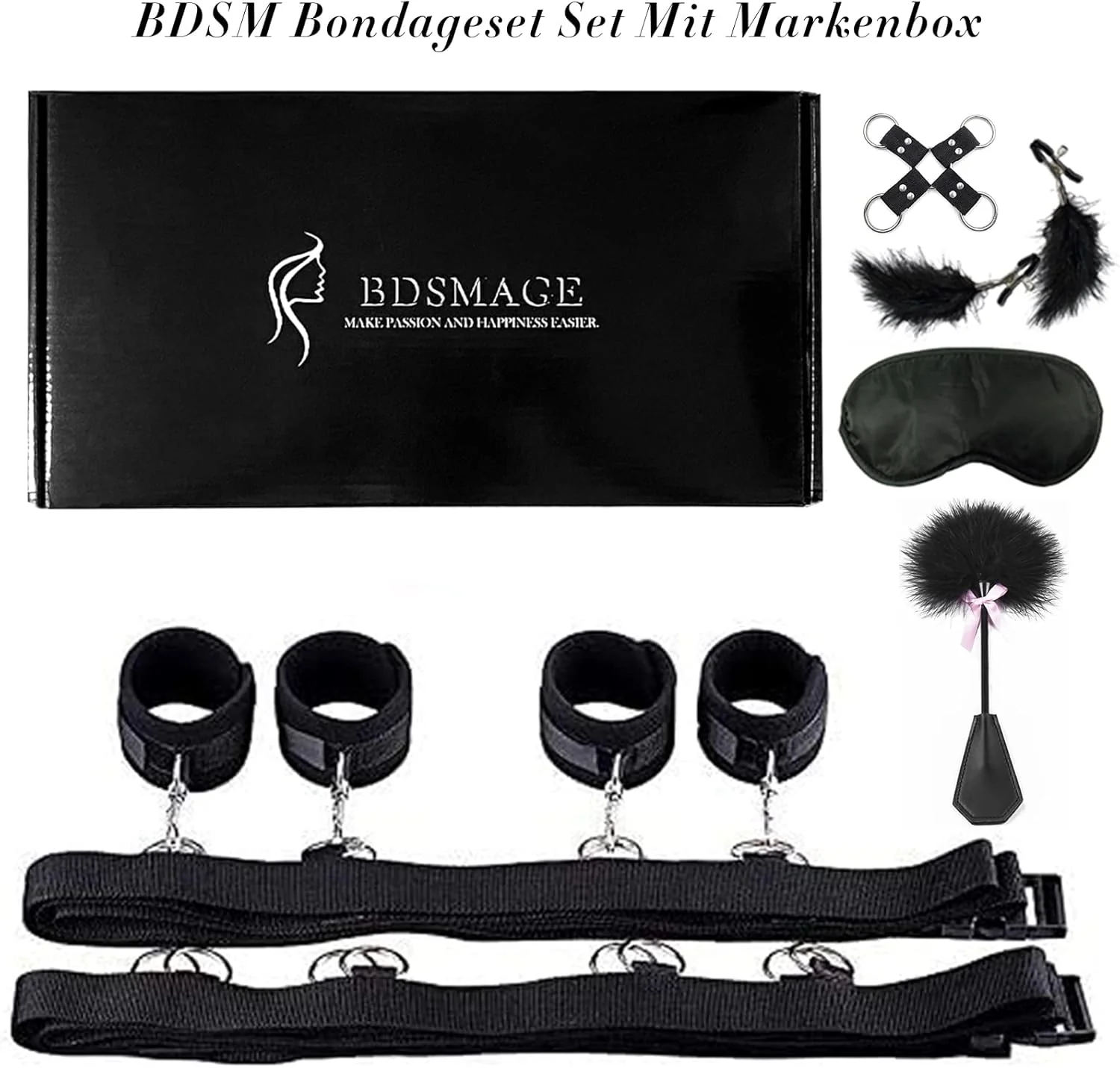 7-Piece Bondage Play Kit – Featuring Feather Whip, Eye Mask, Handcuffs, and Nipple Clips for Couples - Image 6